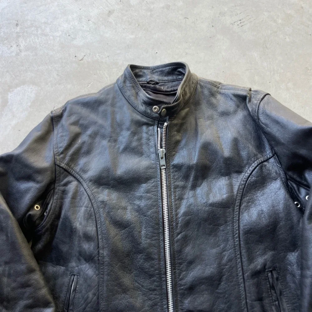 Vintage Black Leather Motorcycle Jacket Cafe Racer Biker Size 44 Lace Up Sides